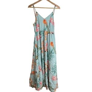 Venus Lascana Blue Floral Maxi Dress Spaghetti Strap Tie Back M Resort Boho